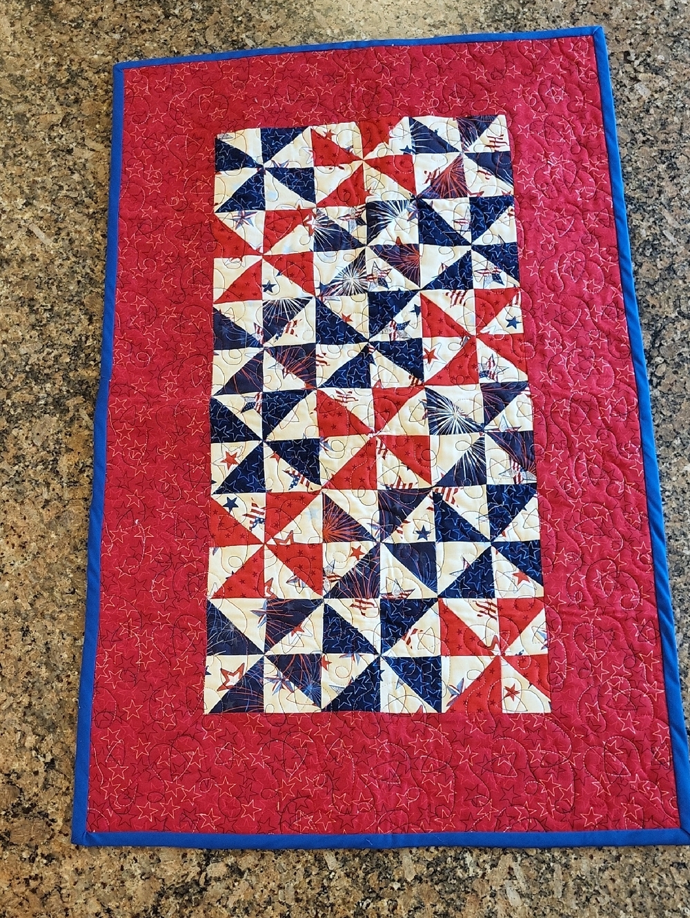Patriotic Red, White & Blue Quilted Pinwheel Table Runner - Reversable